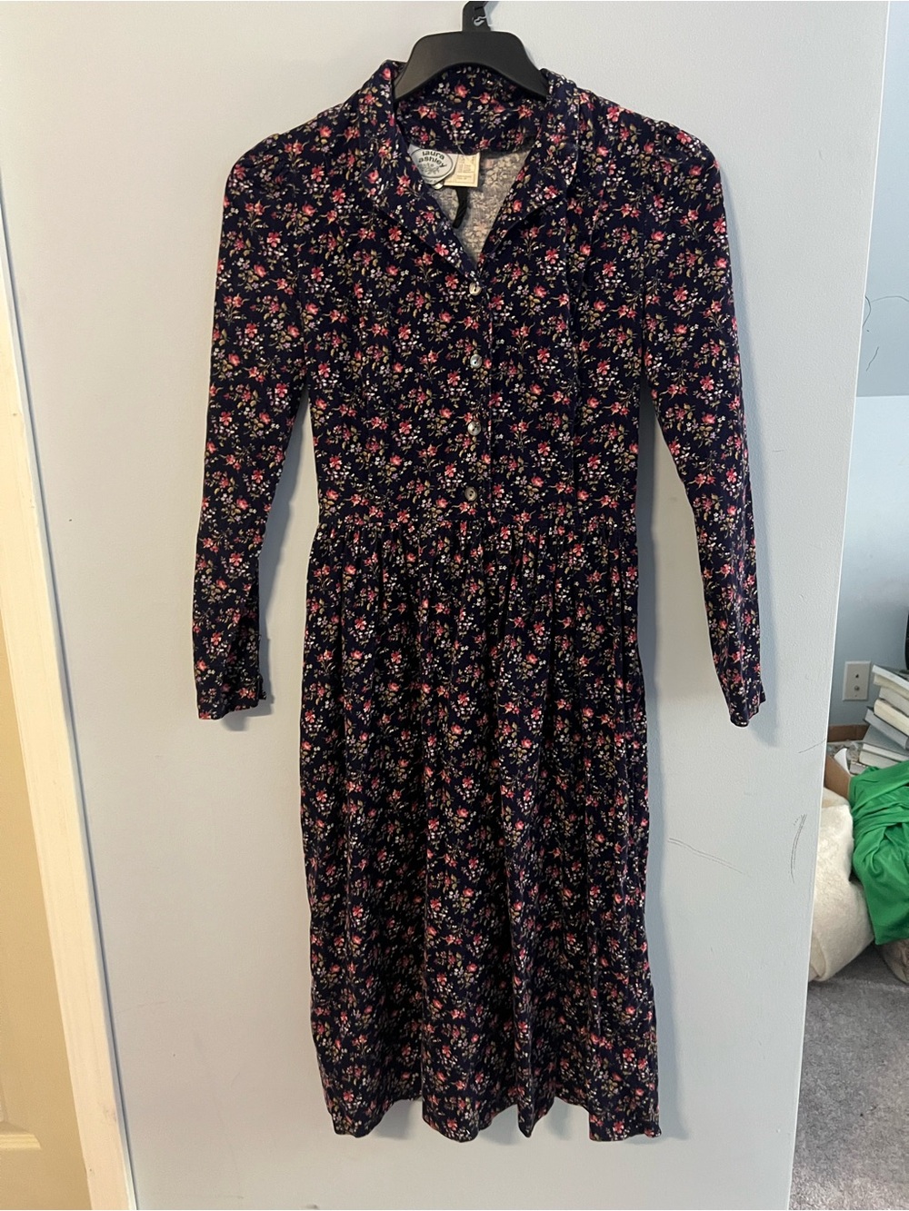 Floral Button-Front Midi Dress - Navy with Pink Floral